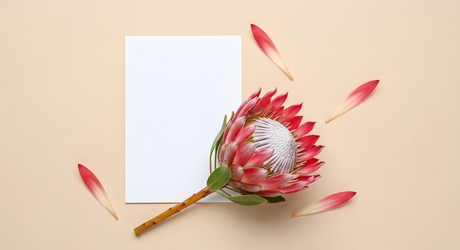 Elegant protea flower with blank card and falling petals on beige background