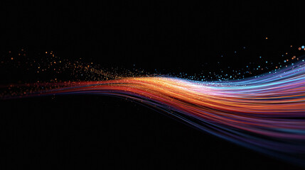 Dynamic abstract of flowing, colorful light trails against a black backdrop. Great for illustrating data streams, technology, energy, or innovative concepts.