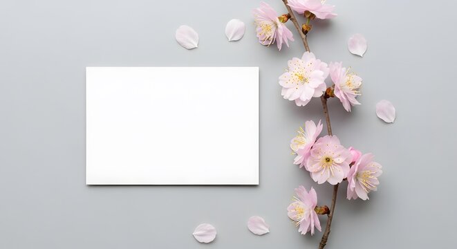 Blank square card surrounded by delicate pink cherry blossom flowers and petals - Powered by Adobe