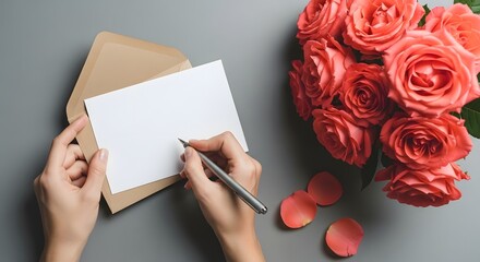 Hands writing a card next to a bouquet of vibrant coral roses