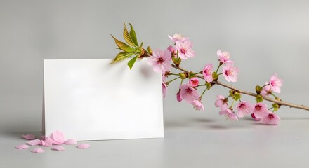Fototapeta premium Delicate pink cherry blossom branch leans against a white square card on a gray background