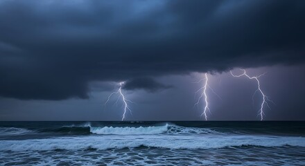 Powerful Lightning Storm Over Ocean Waves, Perfect for Dramatic Weather News, Climate Change Awareness, or Intense Coastal Adventure Marketing