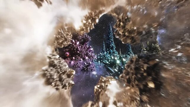 Abstract 3D Rendered Crystal Formations in a Cosmic Environment with Shimmering Lights and Dynamic Movement.