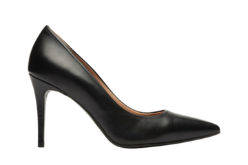 A stylish black leather pump shoe with a pointed toe and stiletto heel is displayed on a clean white background.