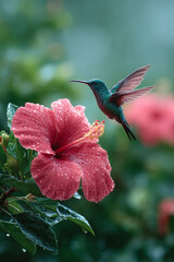 Obraz premium A stunning shot of a vibrant hummingbird in midflight, approaching a dewy hibiscus flower. Symbolizing natures beauty, agility, and delicate balance. Perfect for designs.