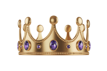 A golden crown adorned with purple jewels sits isolated on a white background, symbolizing royalty and power.