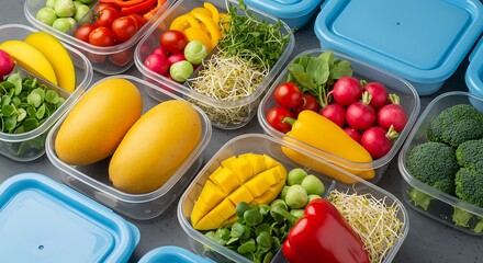 Freshly prepared healthy food portions in transparent containers, ready for meal prepping and storage