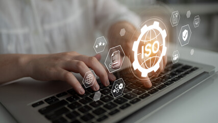 Concept of ISO certification for business quality management. This international standard ensures...