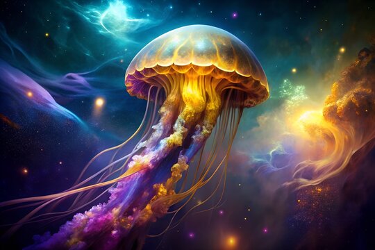 Translucent marine animal medusa swimming deep in the dark blue ocean water