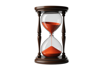 An hourglass with red sand demonstrates the passage of time, symbolizing deadlines and the concept of time running out.
