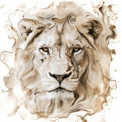 Obraz premium Abstract portrait of a lion's face created with liquid paint. Modern fluid art illustration with a brown and white marble effect. Artistic wildlife concept on a white background