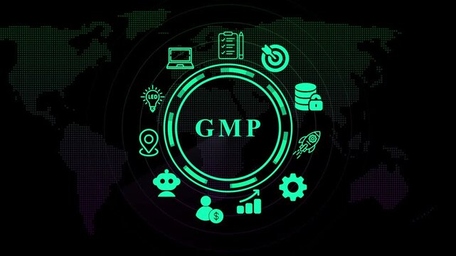 GMP Concept with Global Network and Digital Icons. Business, technology, modern technology concept.