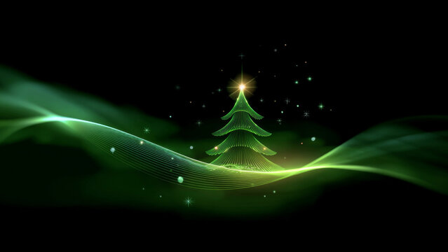 Green abstract christmas tree with glowing lines and starlight. Festive winter holiday illustration. Modern art for Christmas, New Year card. - Powered by Adobe