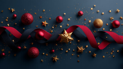 Red and black festive ribbon with golden star ornament, red bauble and gold confetti. Christmas celebration background and holiday season concept.