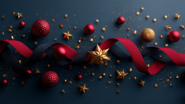 Red and black festive ribbon with golden star ornament, red bauble and gold confetti. Christmas celebration background and holiday season concept.