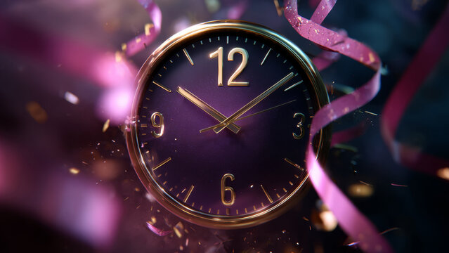 Elegant golden clock counting down to midnight on New Year's Eve, surrounded by shimmering pink confetti and festive streamers for celebration time.