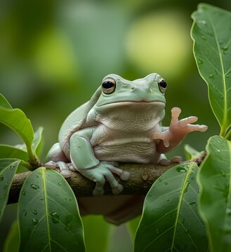 Australian white tree frog on leaves, dumpy frog on branch, animal closeup, amphibian closeup