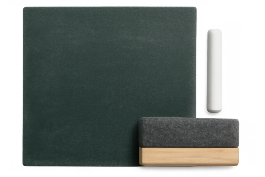 Blank green chalkboard ready for learning, writing, studying, teaching, and education with white chalk and duster