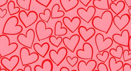 Seamless pattern of hand drawn red hearts on a soft pink background