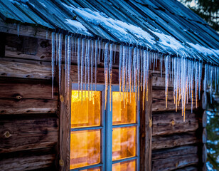 Icicles hang from the snowy roof of a cozy log cabin, its windows glowing warmly against the winter dusk