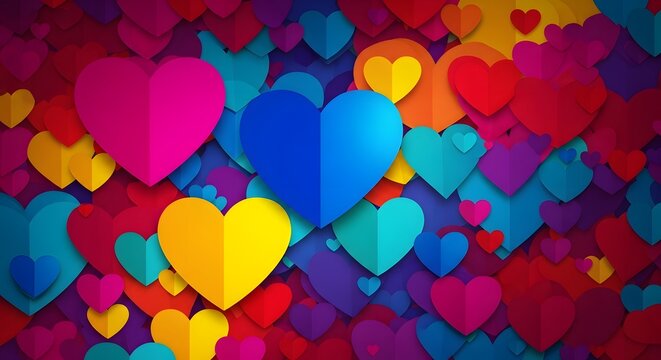 Vibrant heart shapes collage background with colorful paper cutouts