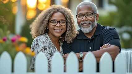 Smiling african american mature couple by a white picket fence in sunlit garden - Powered by Adobe