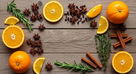 Oranges, cinnamon sticks, star anise, and rosemary arranged on wooden surface for simmer pot with citrus spice and herbal mix aroma.