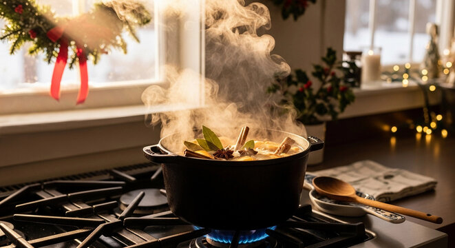 A black stovetop pot filled with citrus slices and spices simmers on a gas stove. Steam rises, creating a cozy winter aroma in a warm kitchen setting.