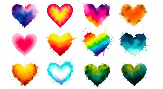 Collection of vibrant watercolor hearts in various colors and styles