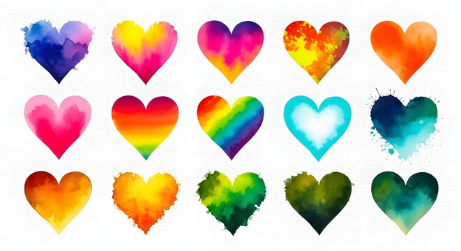 Collection of vibrant watercolor hearts in various colors and styles