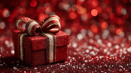 Festive red gift box with a shimmering bow, perfect for holiday celebrations