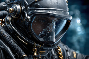 Fototapeta premium Diver prepares for deep-sea exploration wearing advanced diving gear and helmet underwater
