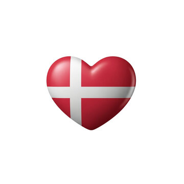 A bright 3D heart icon displaying the Danish flag ('Dannebrog') with its red field and white cross. Ideal for themes of Danish identity, Nordic culture, and European heritage.