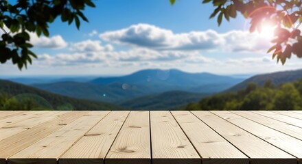 Wooden deck overlooking lush green mountains and cloudy blue sky