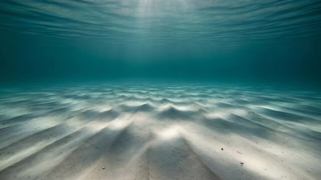 Underwater ocean floor sand ripples sunlight rays shimmering through clear turquoise water serene
