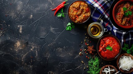 Horizontal banner for Scotland's National Day celebration with traditional Scottish foods like haggis, neeps and Scottish sauces. Festive culinary display with copy space, free space for text