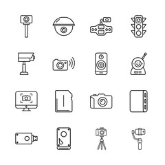 Digital devices line icon set. Vector pictograms of security camera, dashcam, digital camera, memory card, USB drive, baby monitor, and camera gimbal, thin linear illustration.