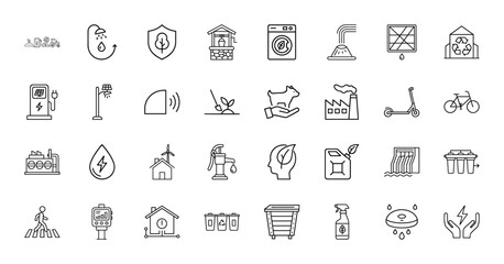 Environment and sustainability line icons. Vector set featuring solar chargers, recycling, eco fuel, water filters, and smart homes.