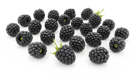 Fresh Blackberries with Green Stems on White Background.