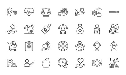 Universal concepts line icon set. Vector pictograms of heartbeat, financial growth, shopping, protection, wellness, ideas, and rewards, thin linear illustration.