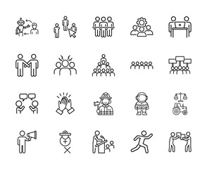 Fototapeta premium People and business line icon set. Vector pictograms of robot interaction, selection, groups, teamwork, collaboration, handshake, communication, and professions, thin linear illustration.