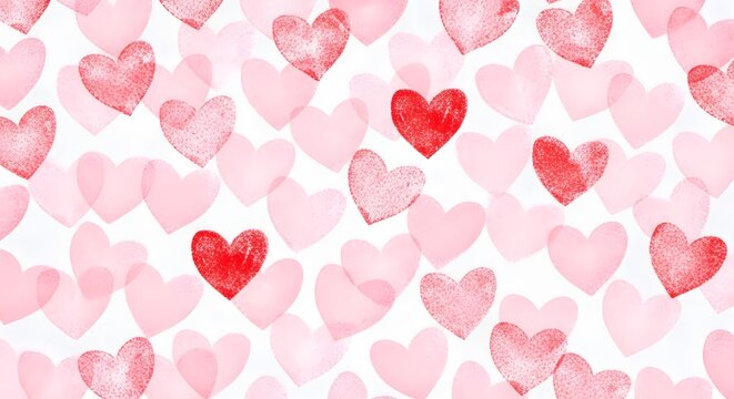 Soft watercolor pink and red hearts seamless pattern background