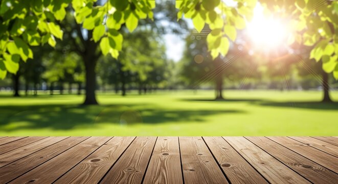 Wooden deck overlooking sunlit park with lush green trees and grass