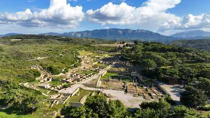 Aerial drone photo of iconic archaeological site of former hillside city of Kameiros, overlooked by...