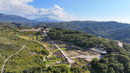Aerial drone photo of iconic archaeological site of former hillside city of Kameiros, overlooked by...