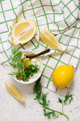 Tartar sauce with pickled cucumbers and dill in a bowl.style hugge