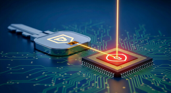 A digital key unlocks a microchip, symbolizing cyber security. It represents data protection, access control, and encryption within secure computer networks.