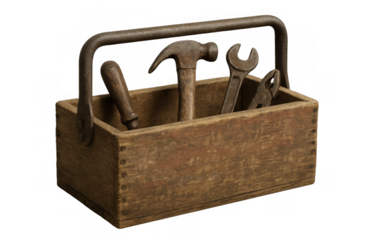 Vintage wooden toolbox filled with classic hand tools including hammer, wrench, screwdriver, and pliers on transparent background