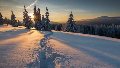 Warm sunlight casting long shadows over a snowy mountain slope with footprints leading into a winter forest at sunrise