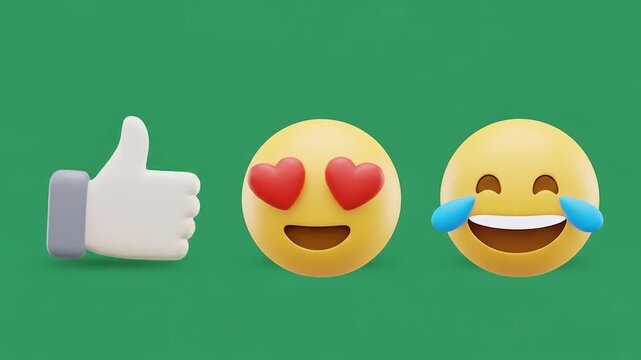 Three expressive 3D emojis representing positive social media reactions, including a thumbs up, a heart-eyes face, and a laughing face, isolated on a vibrant green backdrop